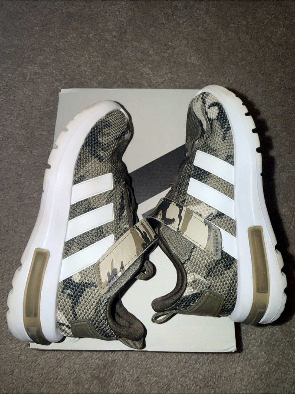 Kids Camouflage Green Athletic Sneakers with White Stripes adidas